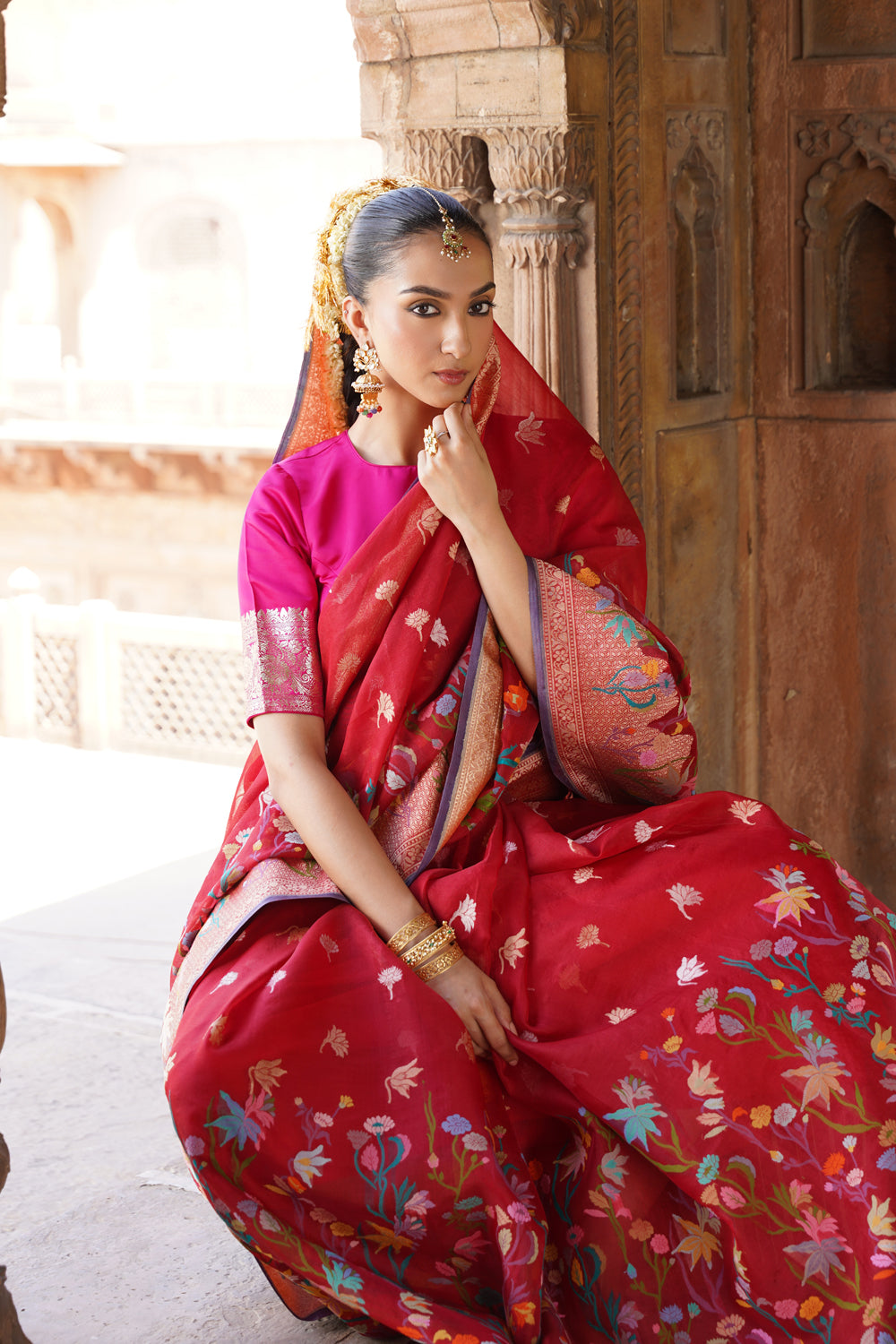 Handwoven Organza Silk Jamdani Saree in Crimson Red