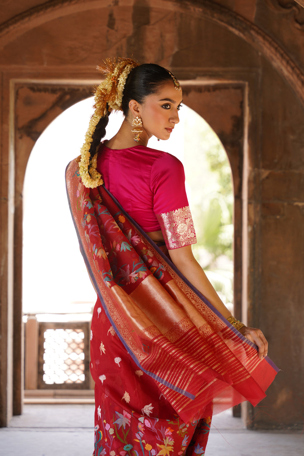 Handwoven Organza Silk Jamdani Saree in Crimson Red