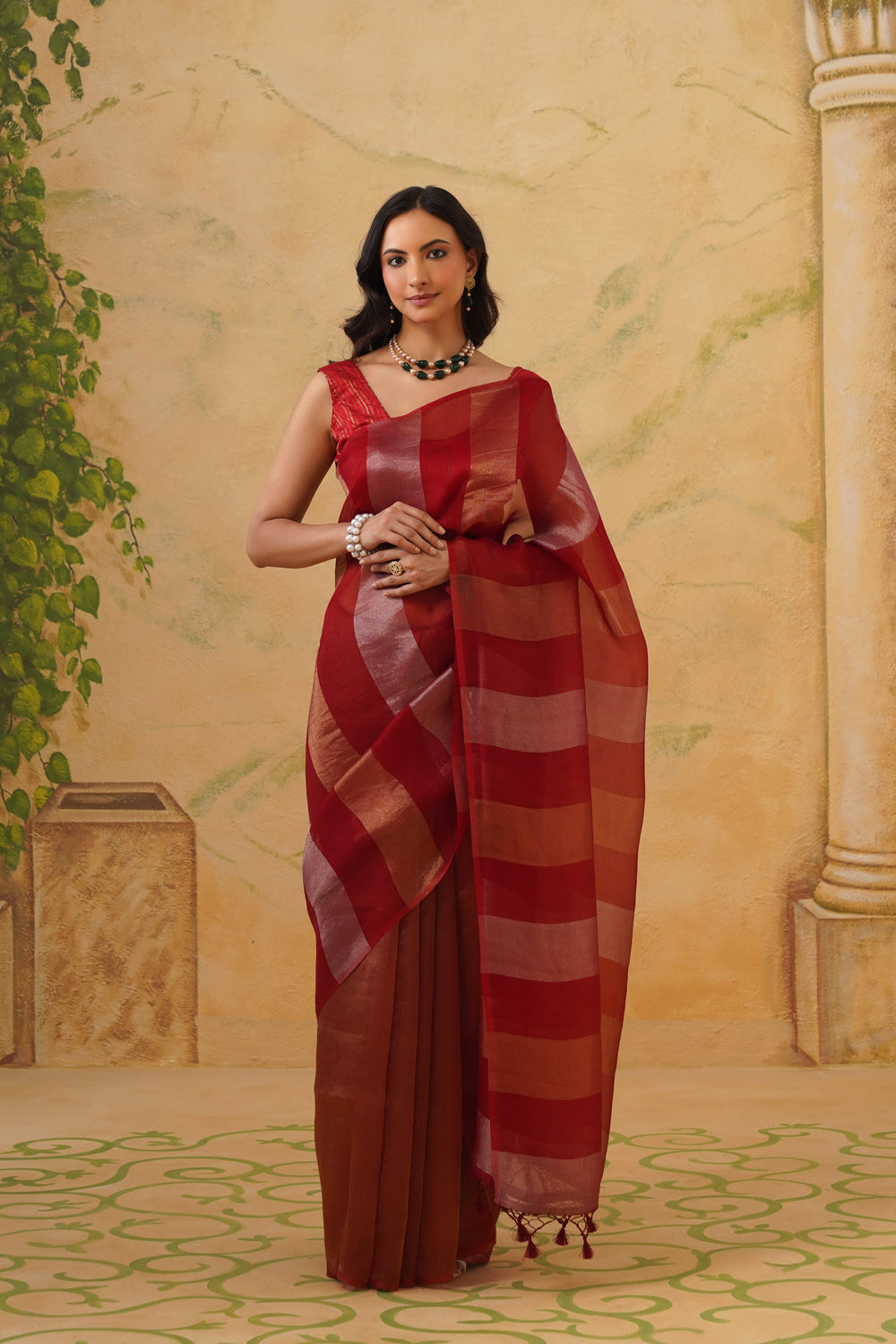 Handwoven Red Tissue Silk Saree in Half-and-Half Striped Concept