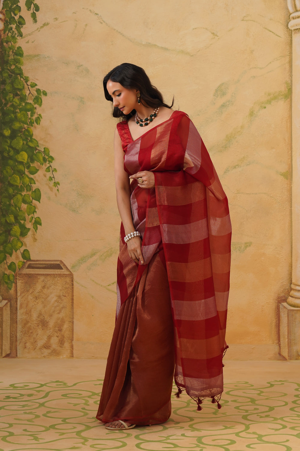 Handwoven Red Tissue Silk Saree in Half-and-Half Striped Concept