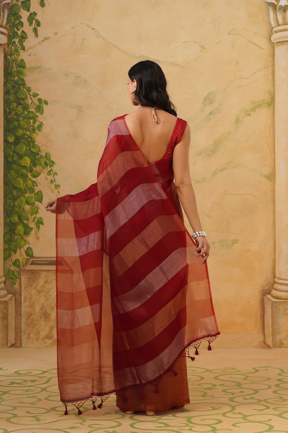Handwoven Red Tissue Silk Saree in Half-and-Half Striped Concept
