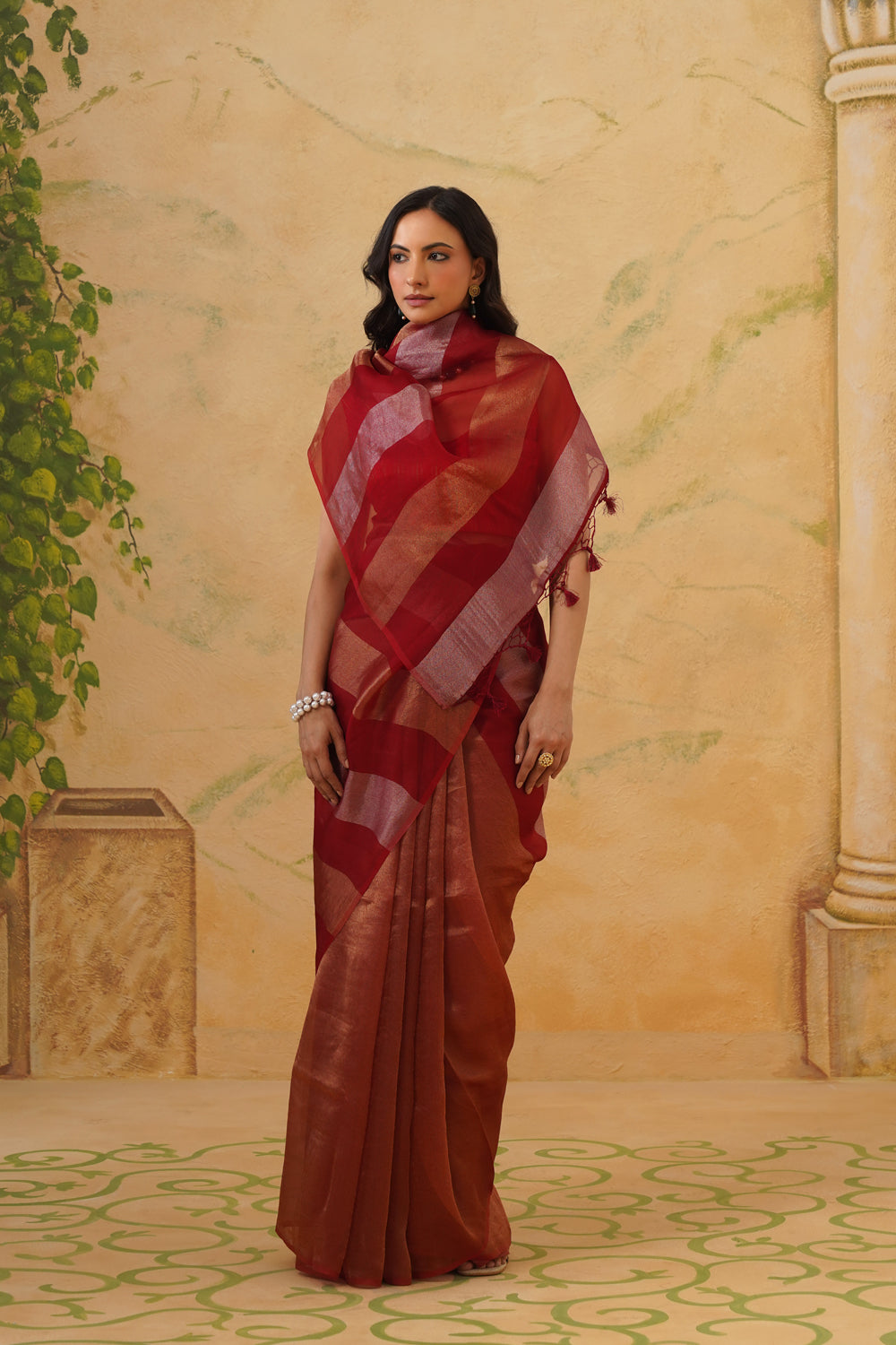 Handwoven Red Tissue Silk Saree in Half-and-Half Striped Concept