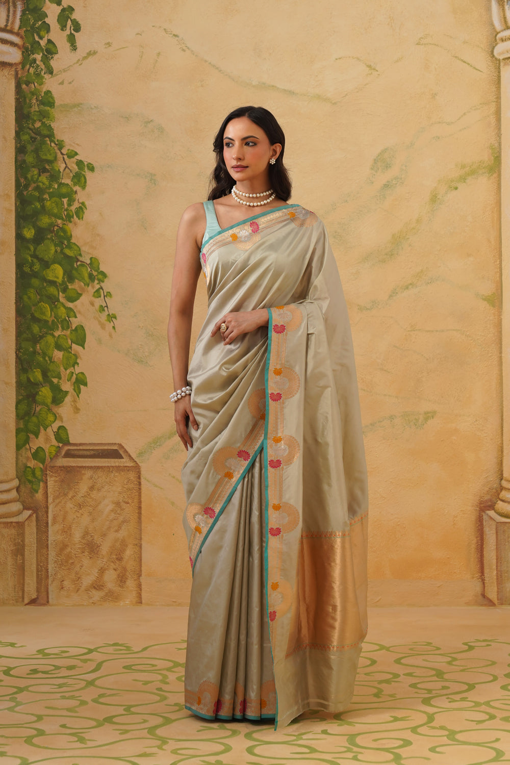 Handwoven Sage Grey Katan Silk Saree with Scalloped Meenakari Border