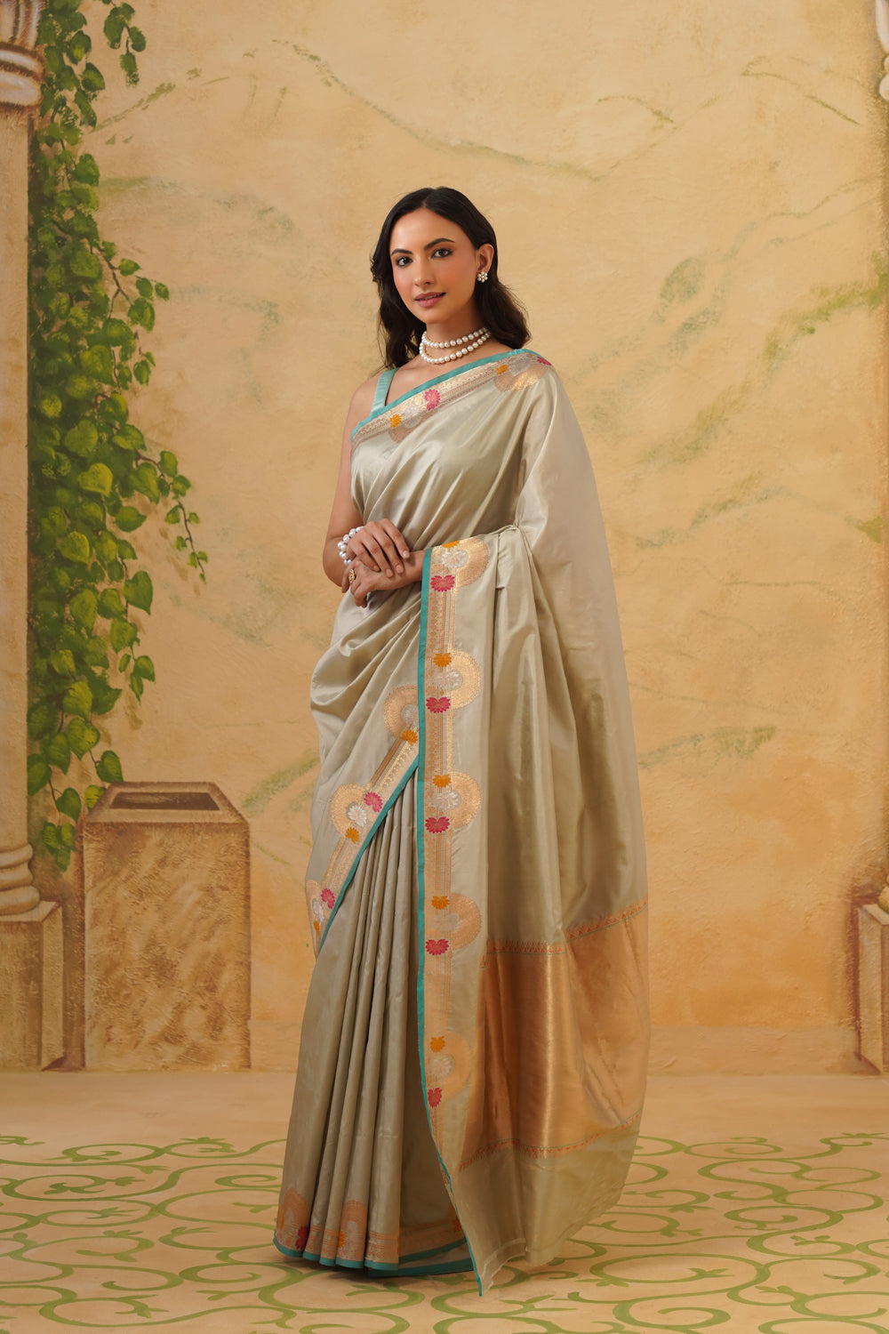 Handwoven Sage Grey Katan Silk Saree with Scalloped Meenakari Border