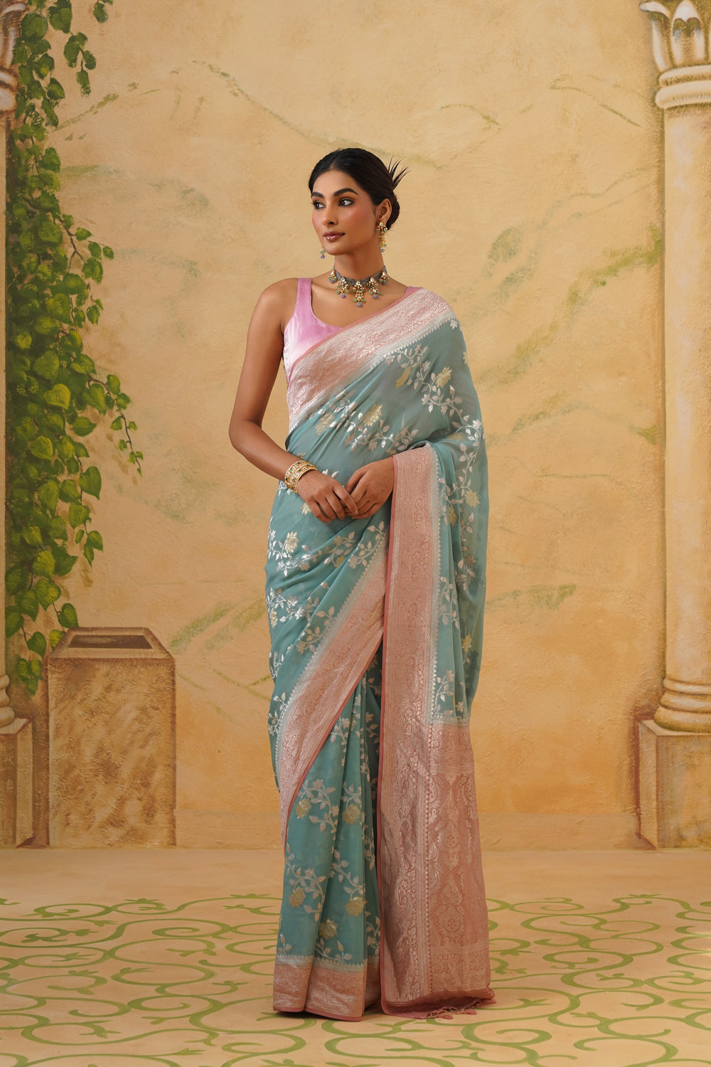 Handwoven Seafoam Khaddi Georgette Saree with Floral Bel