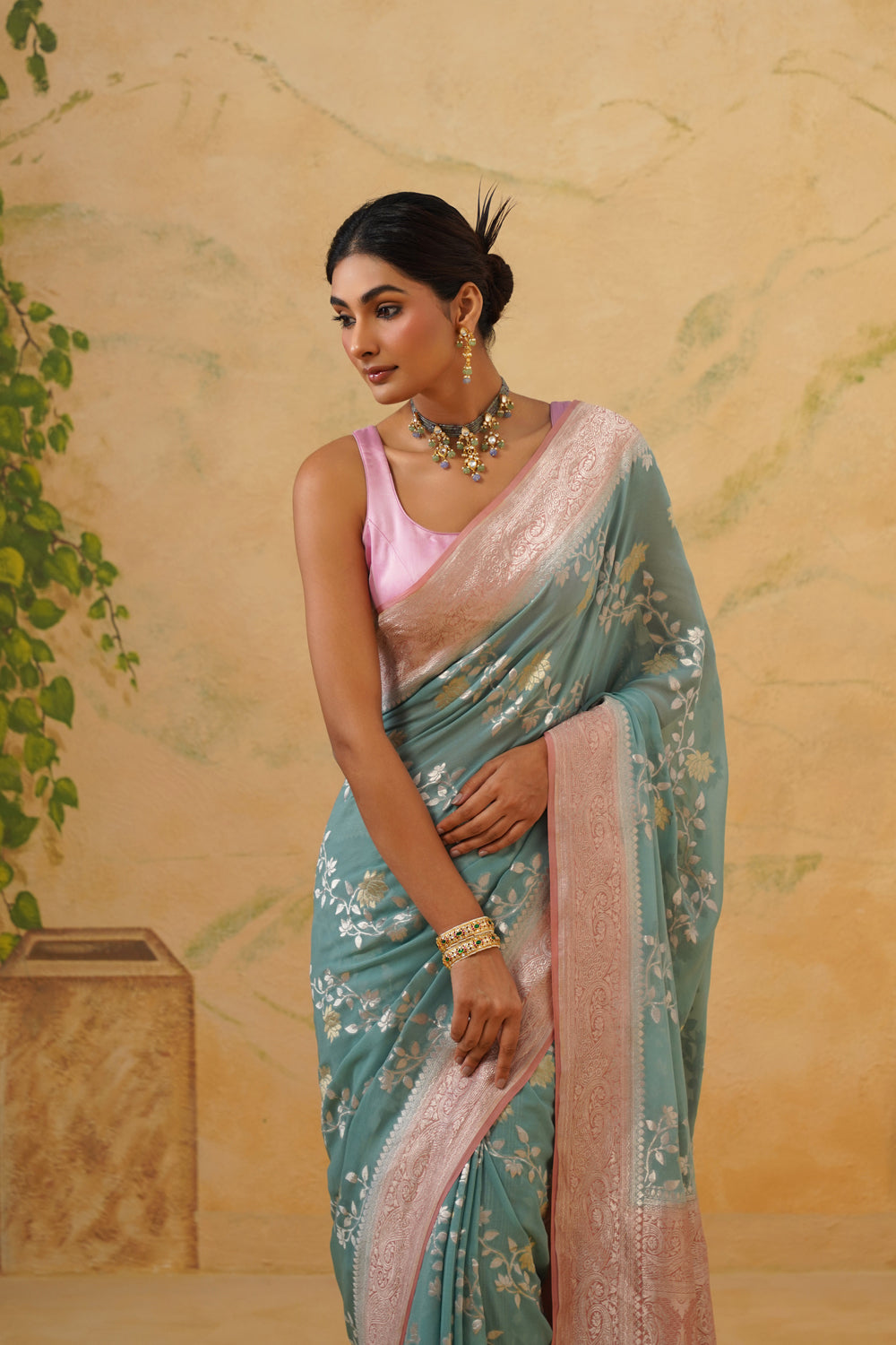 Handwoven Seafoam Khaddi Georgette Saree with Floral Bel