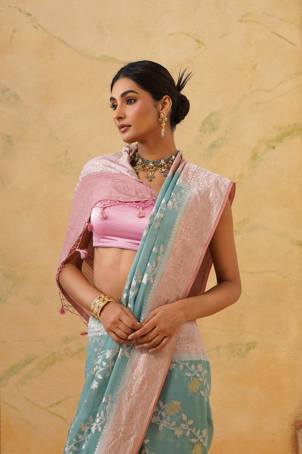 Handwoven Seafoam Khaddi Georgette Saree with Floral Bel