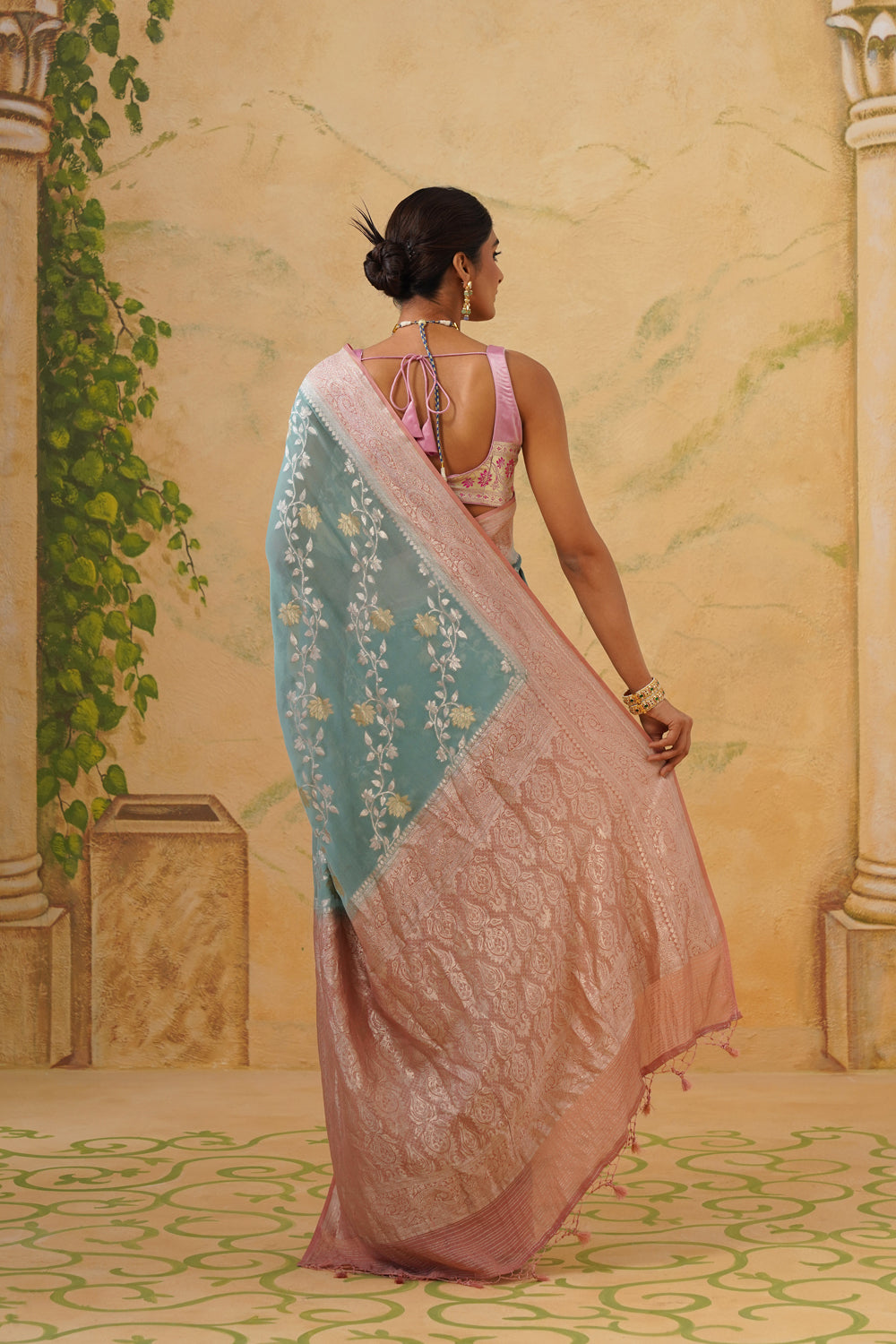 Handwoven Seafoam Khaddi Georgette Saree with Floral Bel