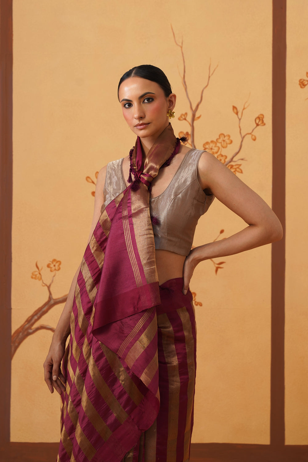 Handwoven Wine & Gold Striped Katan-Tissue Silk Saree