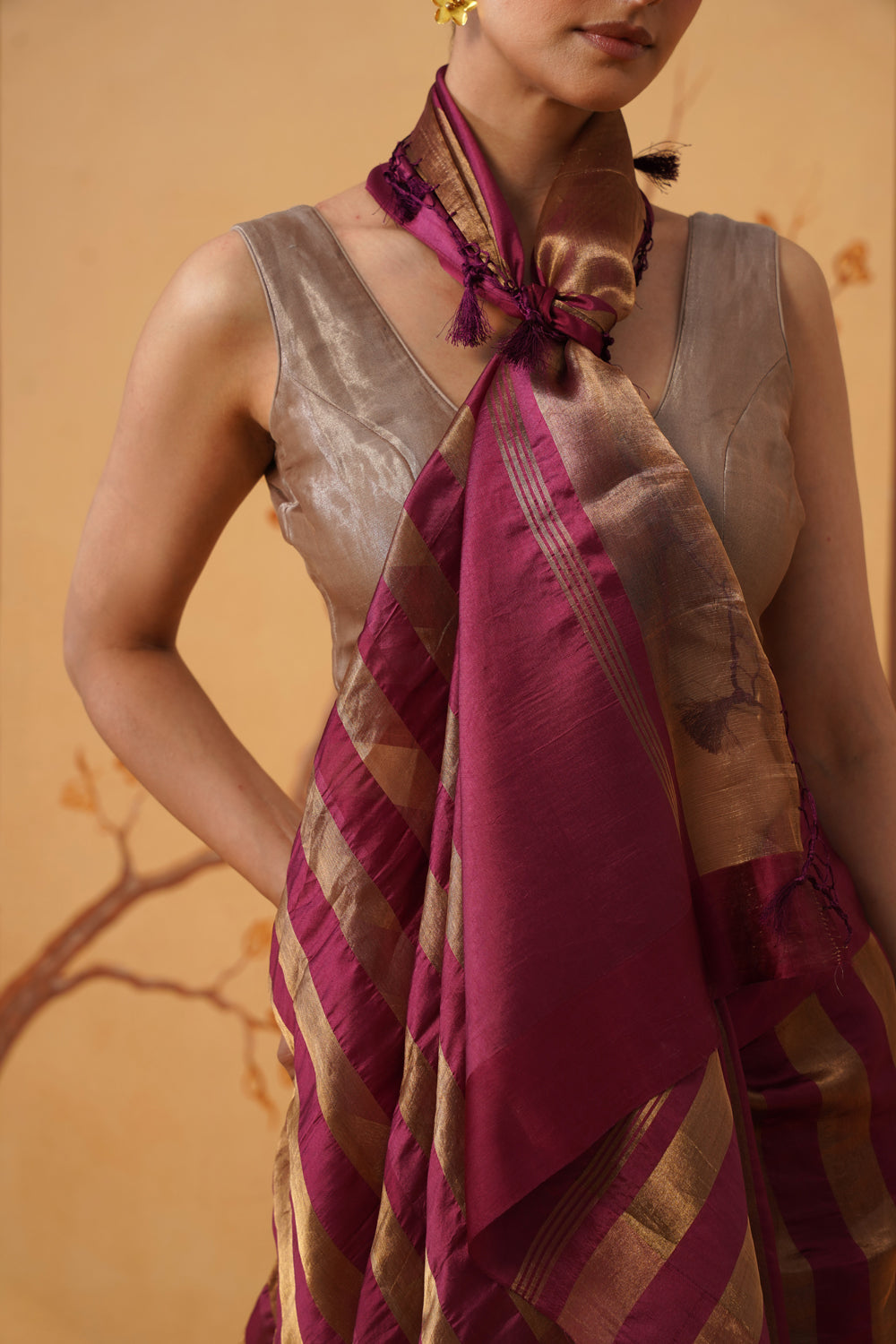 Handwoven Wine & Gold Striped Katan-Tissue Silk Saree
