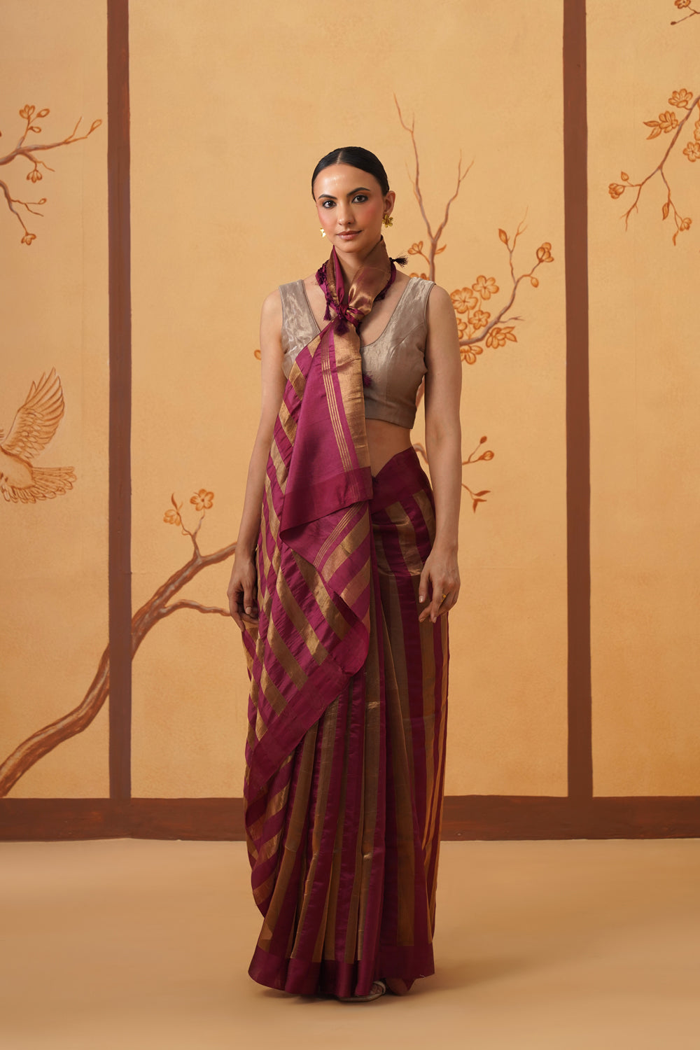 Handwoven Wine & Gold Striped Katan-Tissue Silk Saree