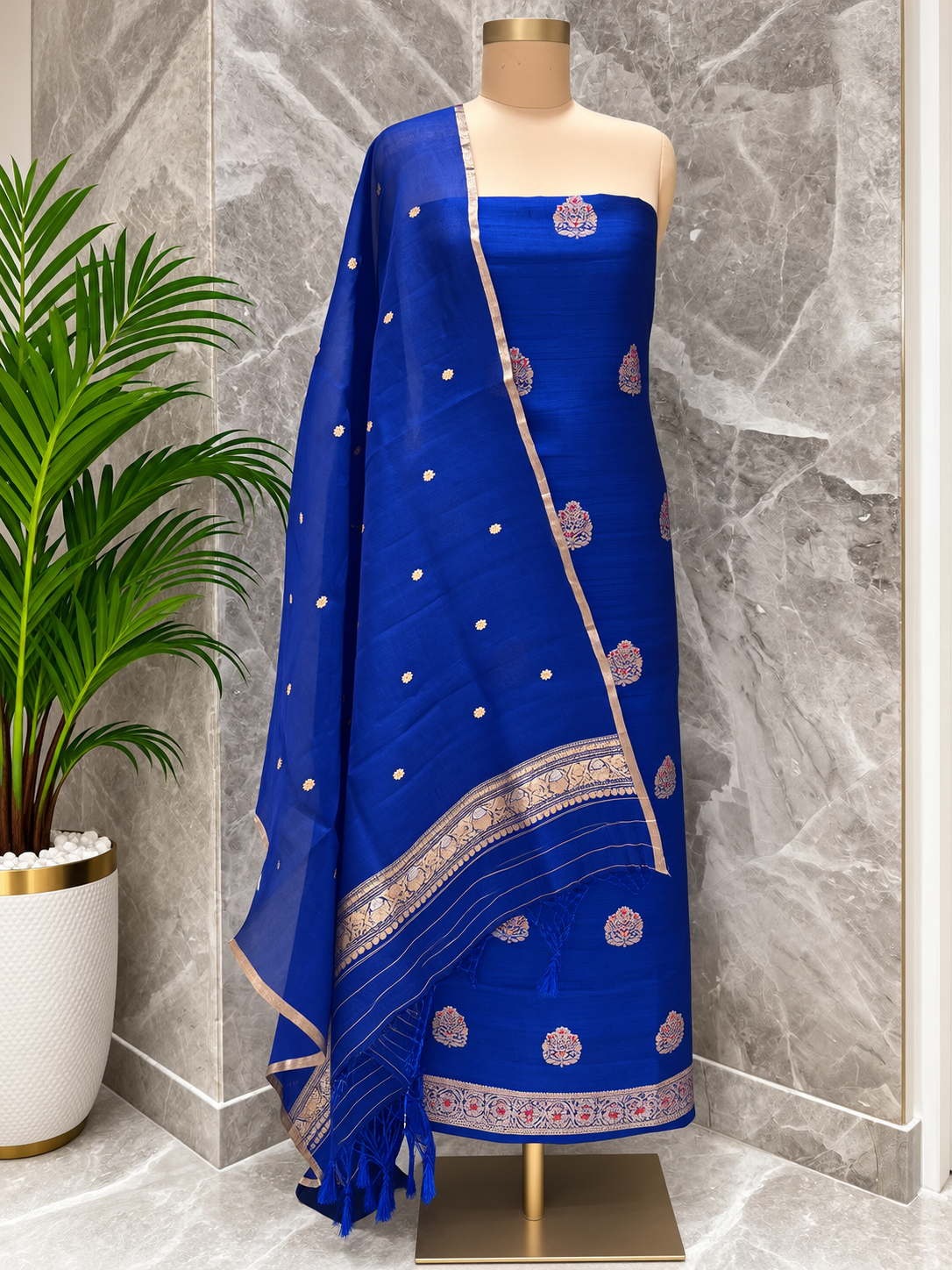 Pure Raw Silk Suit Set In Royal Blue