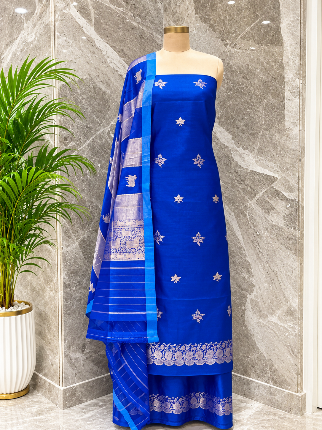 Pure Handloom Katan Silk Suit Set In Blue
