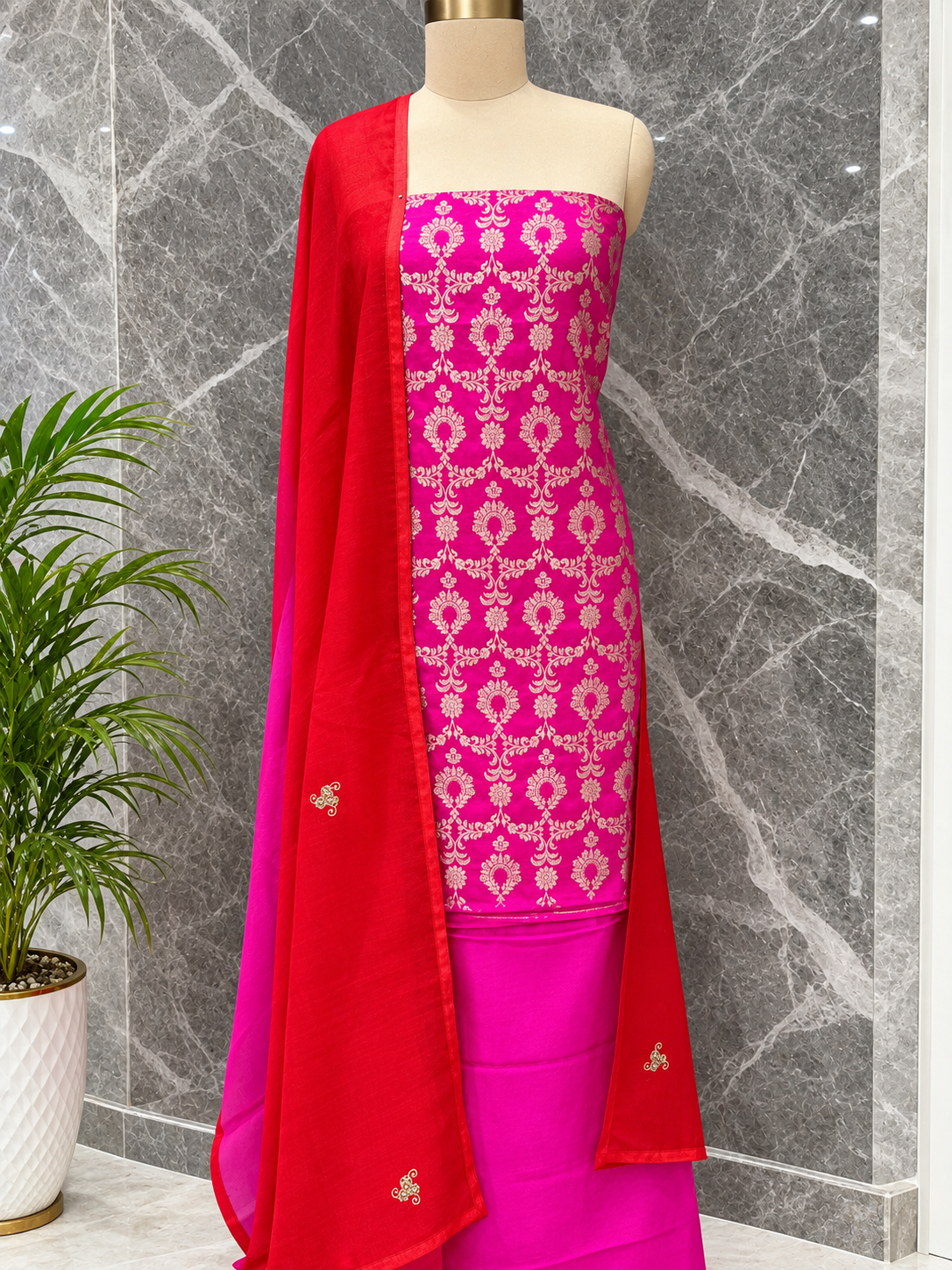 PURE KATAN SILK SUIT SET IN RANI PINK