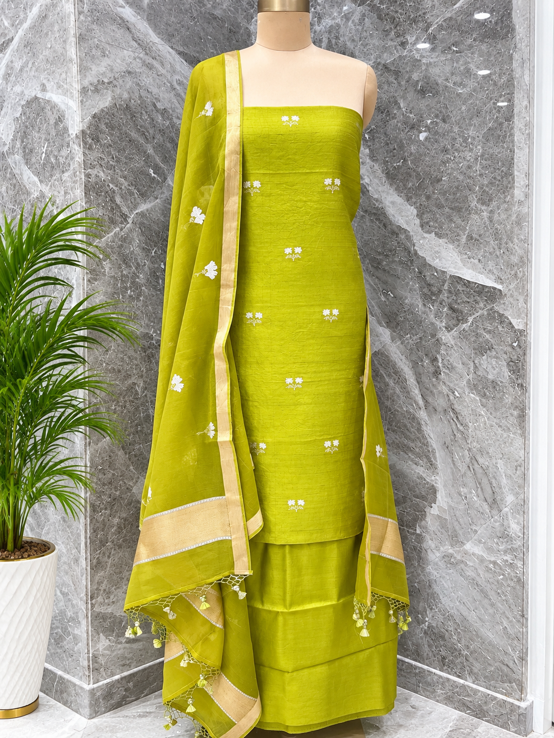 PURE RAW SILK SUIT SET IN LIME GREEN