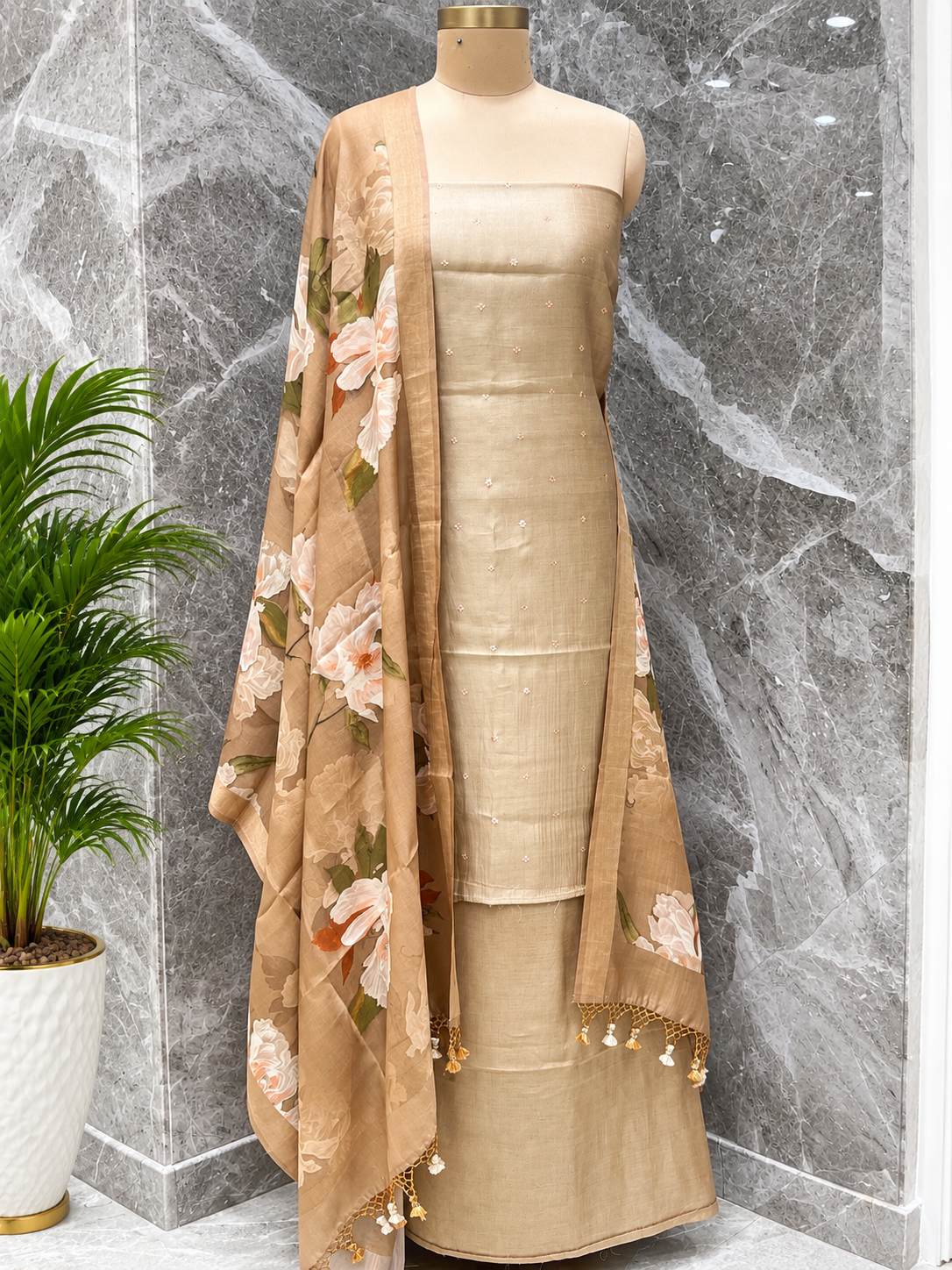 Pure Katan Silk Suit Set In Beige