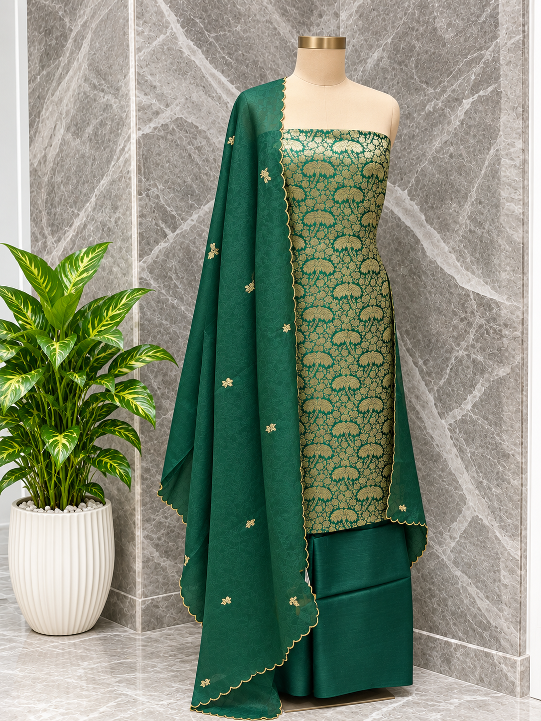 Forest Green Pure Katan Silk Suit Set with Organza Dupatta