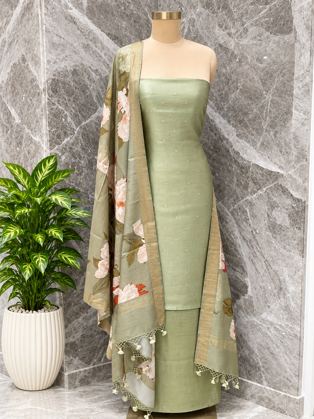 Pure Katan Silk Suit Set In Sea Green