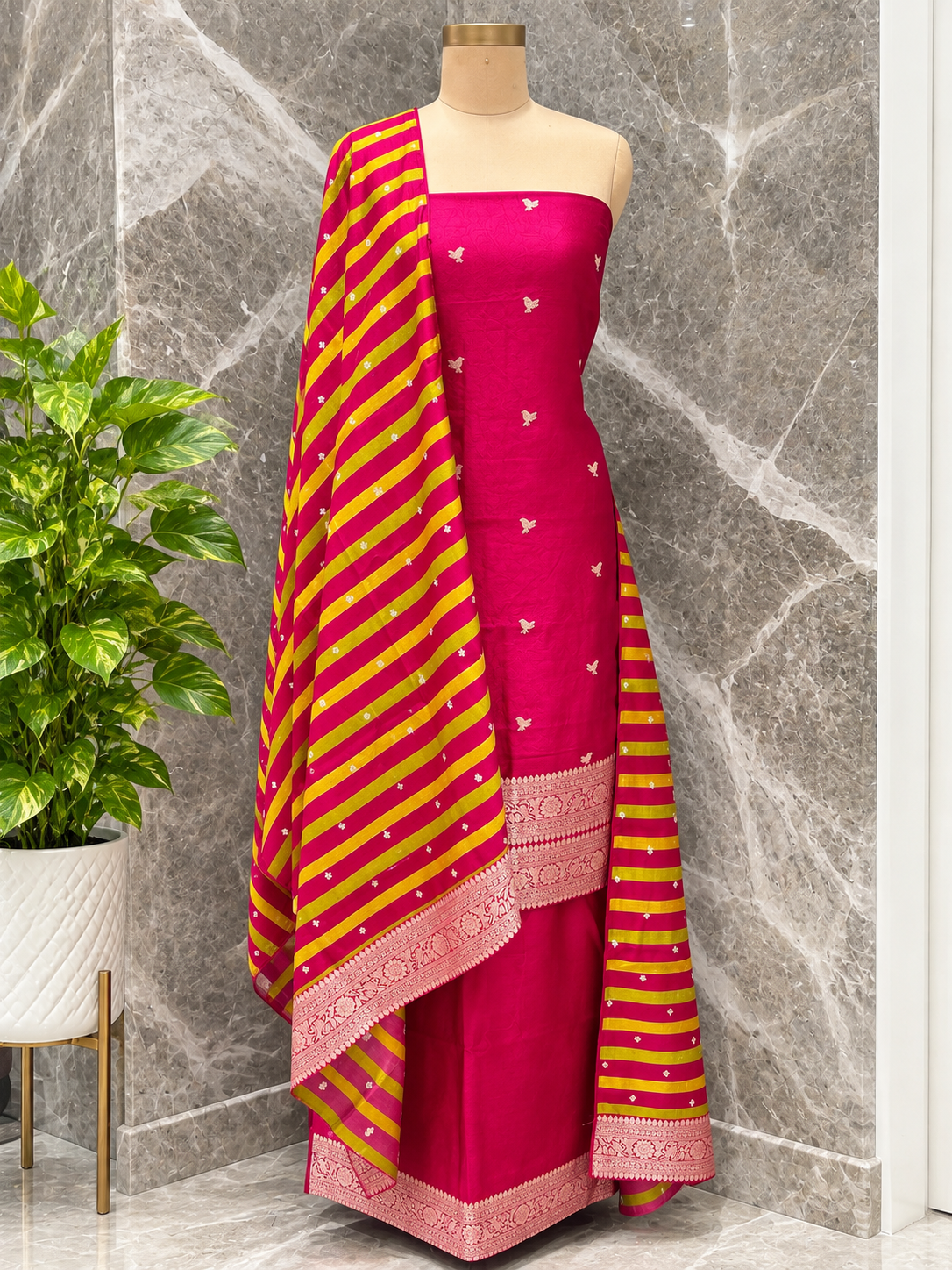 Rani Pink Pure Katan Silk Handloom Suit Set with Stripe Dupatta
