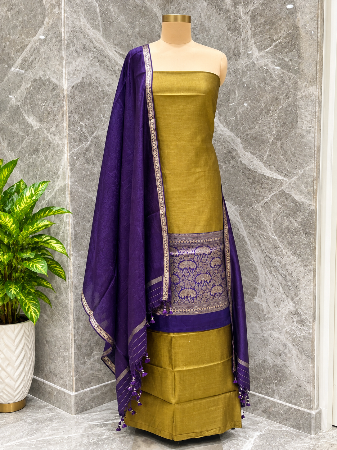 Olive Gold Pure Katan Silk Suit Set with Royal Purple Dupatta