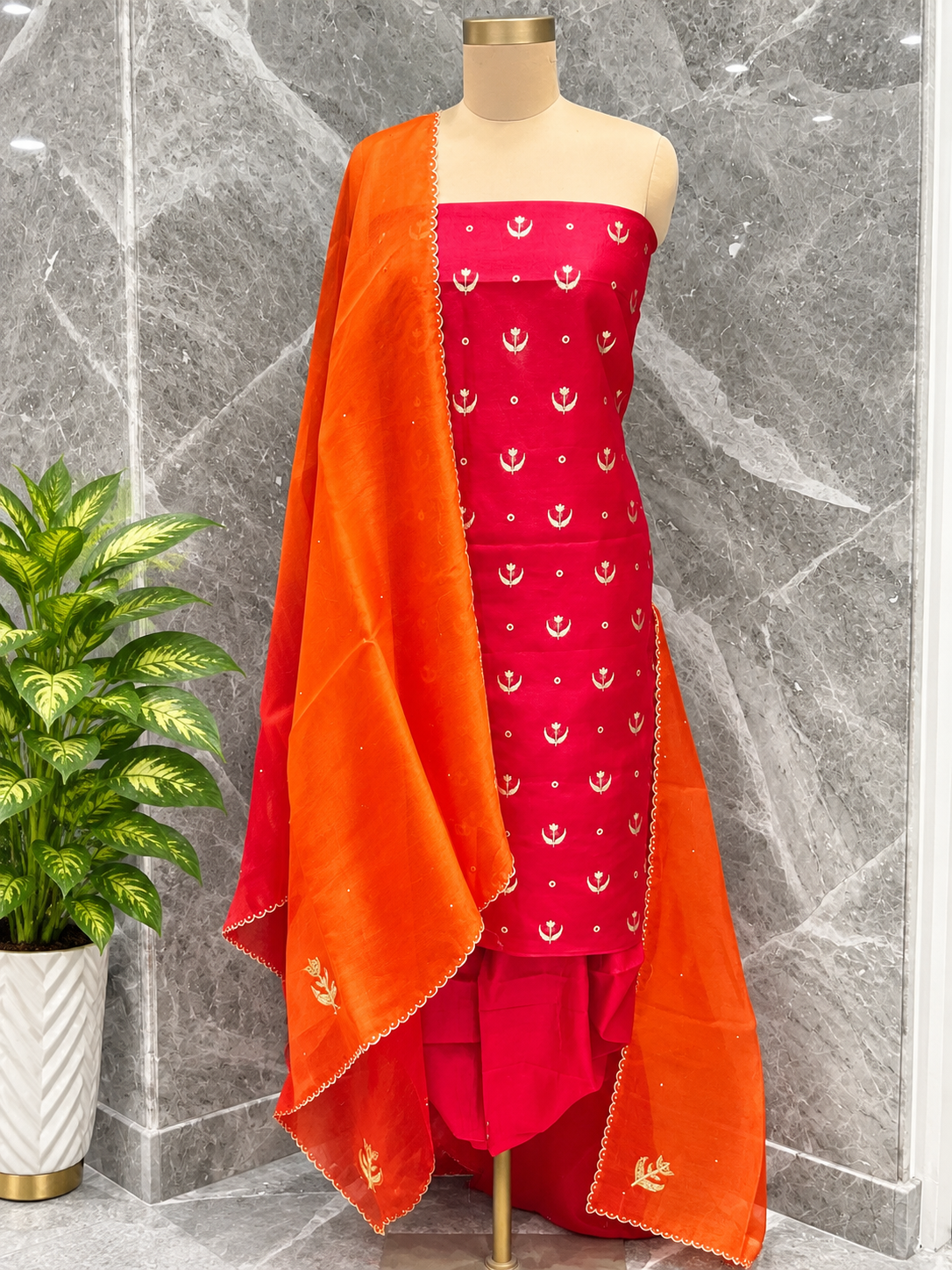 Cherry Red Pure Katan Silk Suit Set with Tangerine Orange Organza Dupatta