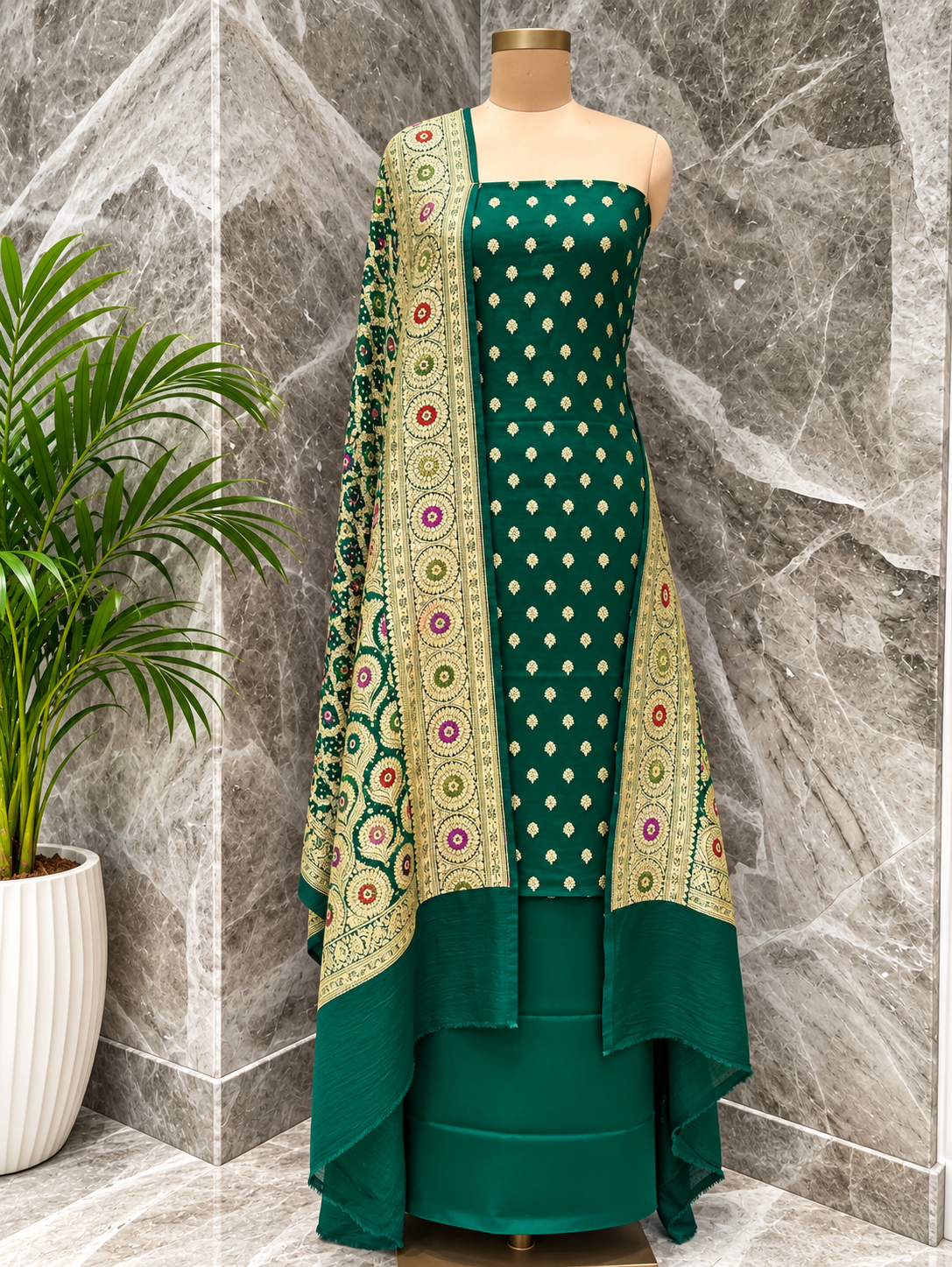 Emerald Green Pure Georgette Banarasi Handloom Suit Set