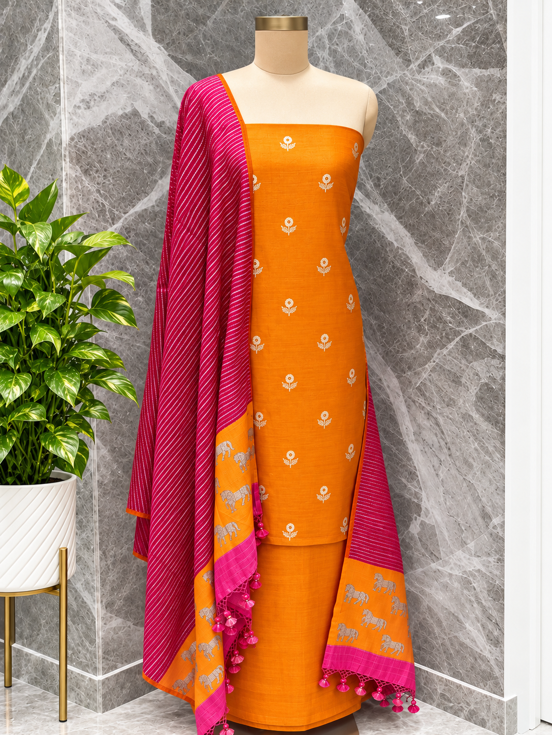 Tangerine Orange Pure Katan Silk Suit Set with Rani Pink Dupatta