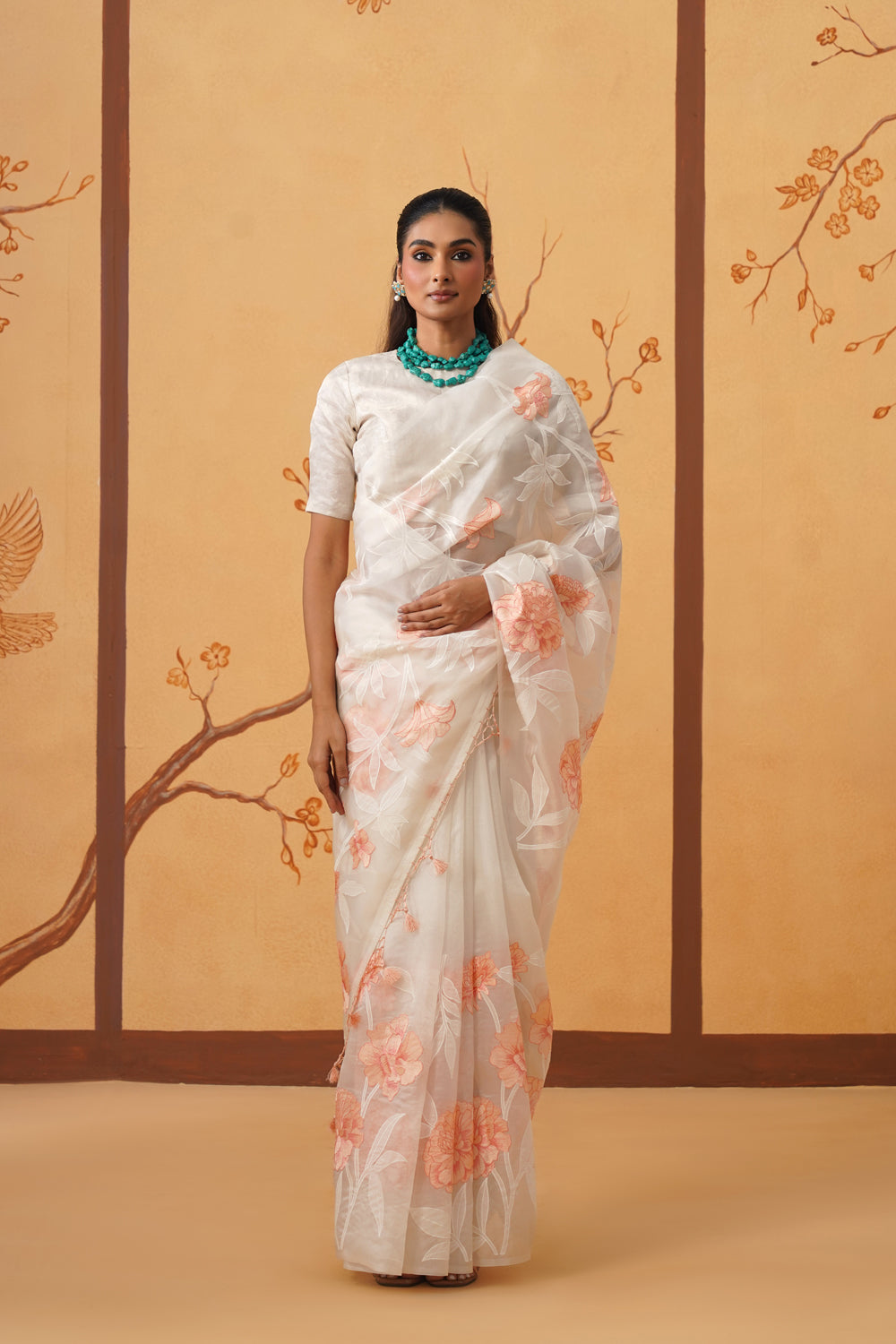 Kora Organza Saree in Peach Blossom with Floral Embroidery & Applique
