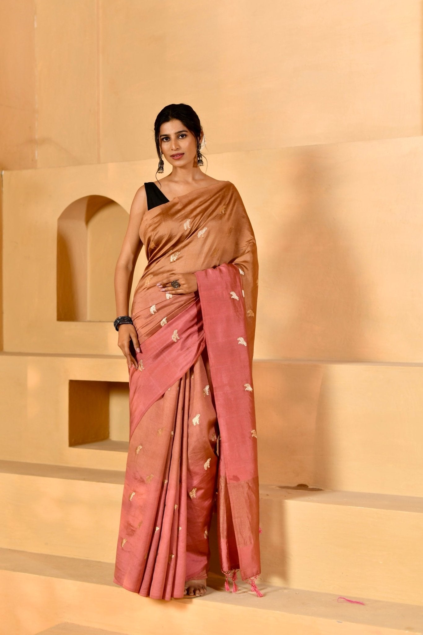 Muted Peach Chiniya Silk Saree with Figure Motifs - Banarasiya