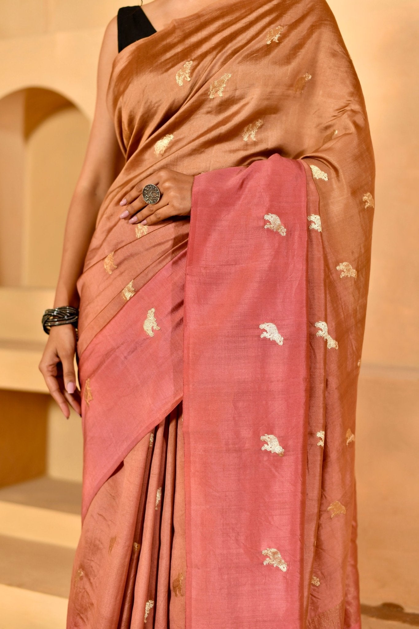 Muted Peach Chiniya Silk Saree with Figure Motifs - Banarasiya