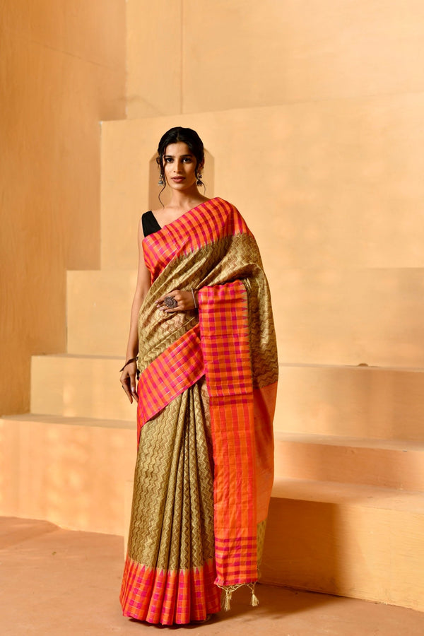 Naturally Textured Pure Tussar Silk in Olive - Beige - Banarasiya