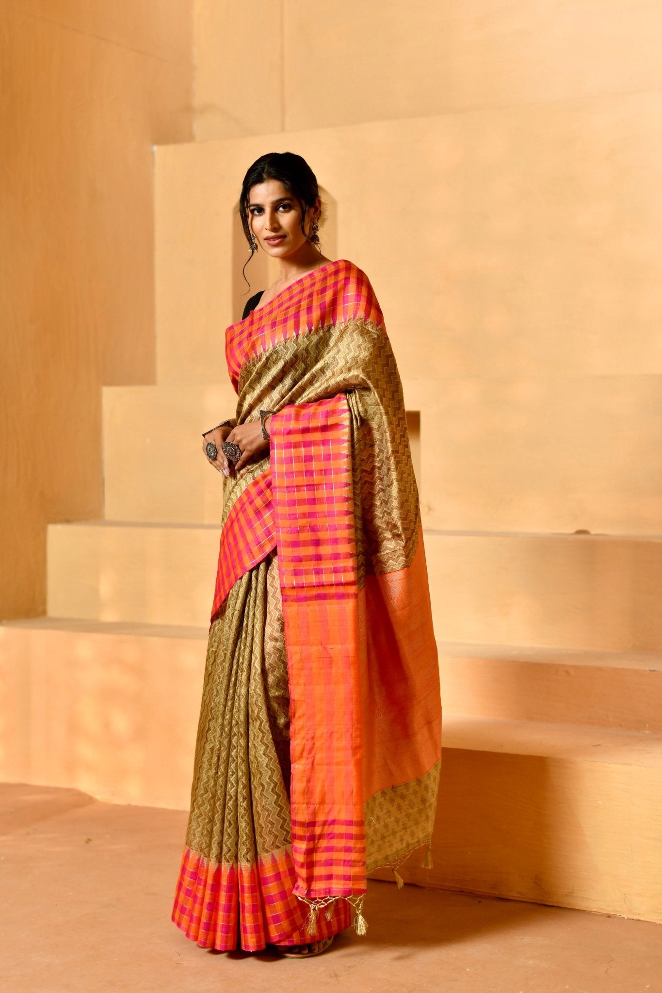 Naturally Textured Pure Tussar Silk in Olive - Beige - Banarasiya