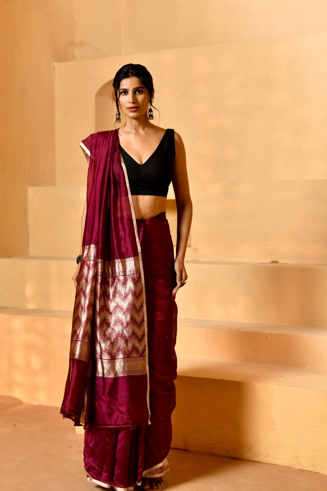 Pure Katan Organza Saree in Deep Wine - Banarasiya
