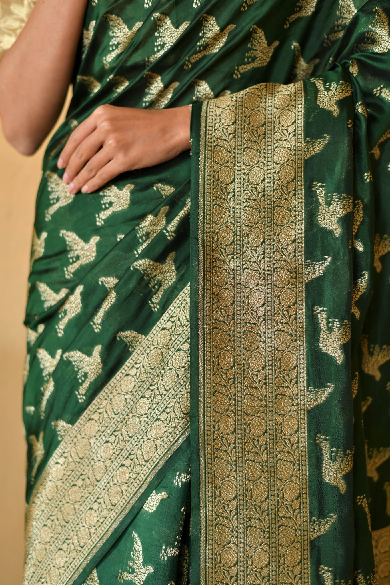Pure Katan Silk in Bottle - Green with Bird Motifs - Banarasiya