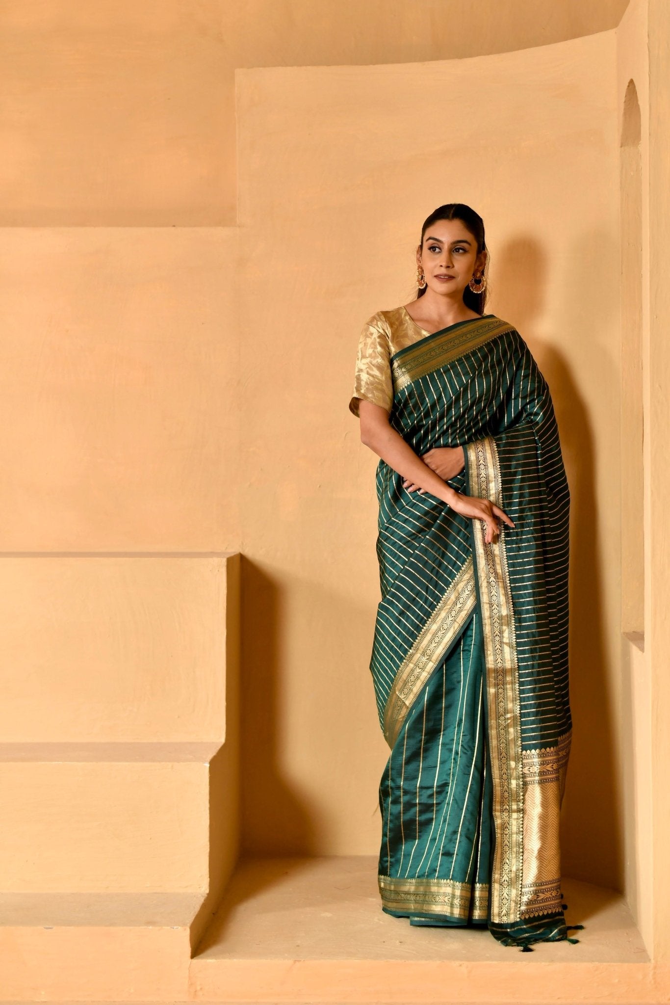 Pure Katan Silk in Deep Green with Zari Stripes - Banarasiya