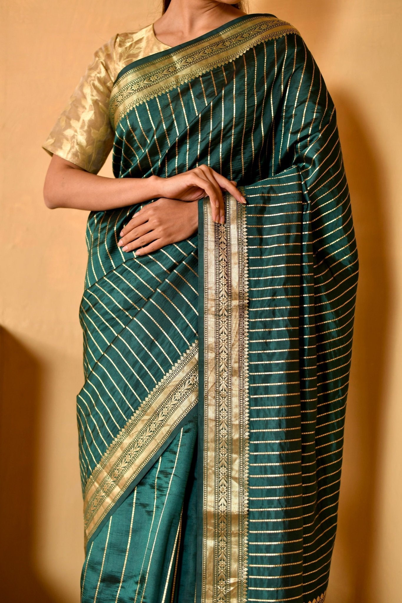 Pure Katan Silk in Deep Green with Zari Stripes - Banarasiya