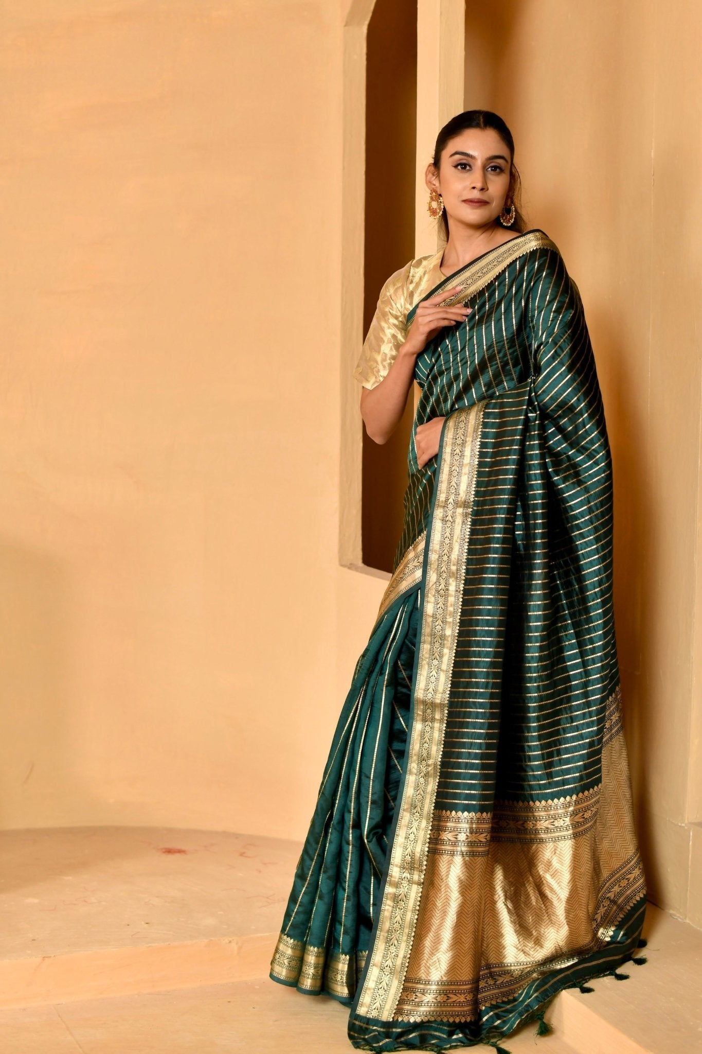 Pure Katan Silk in Deep Green with Zari Stripes - Banarasiya