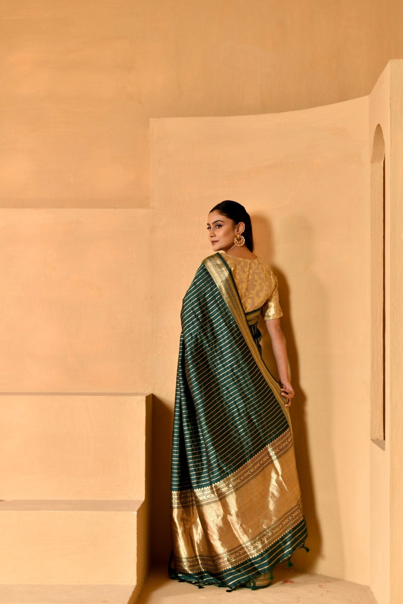 Pure Katan Silk in Deep Green with Zari Stripes - Banarasiya