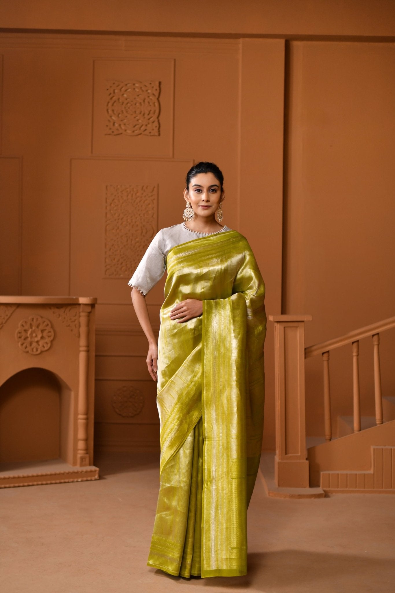 Pure Tissue Silk in Citrus - Green - Banarasiya