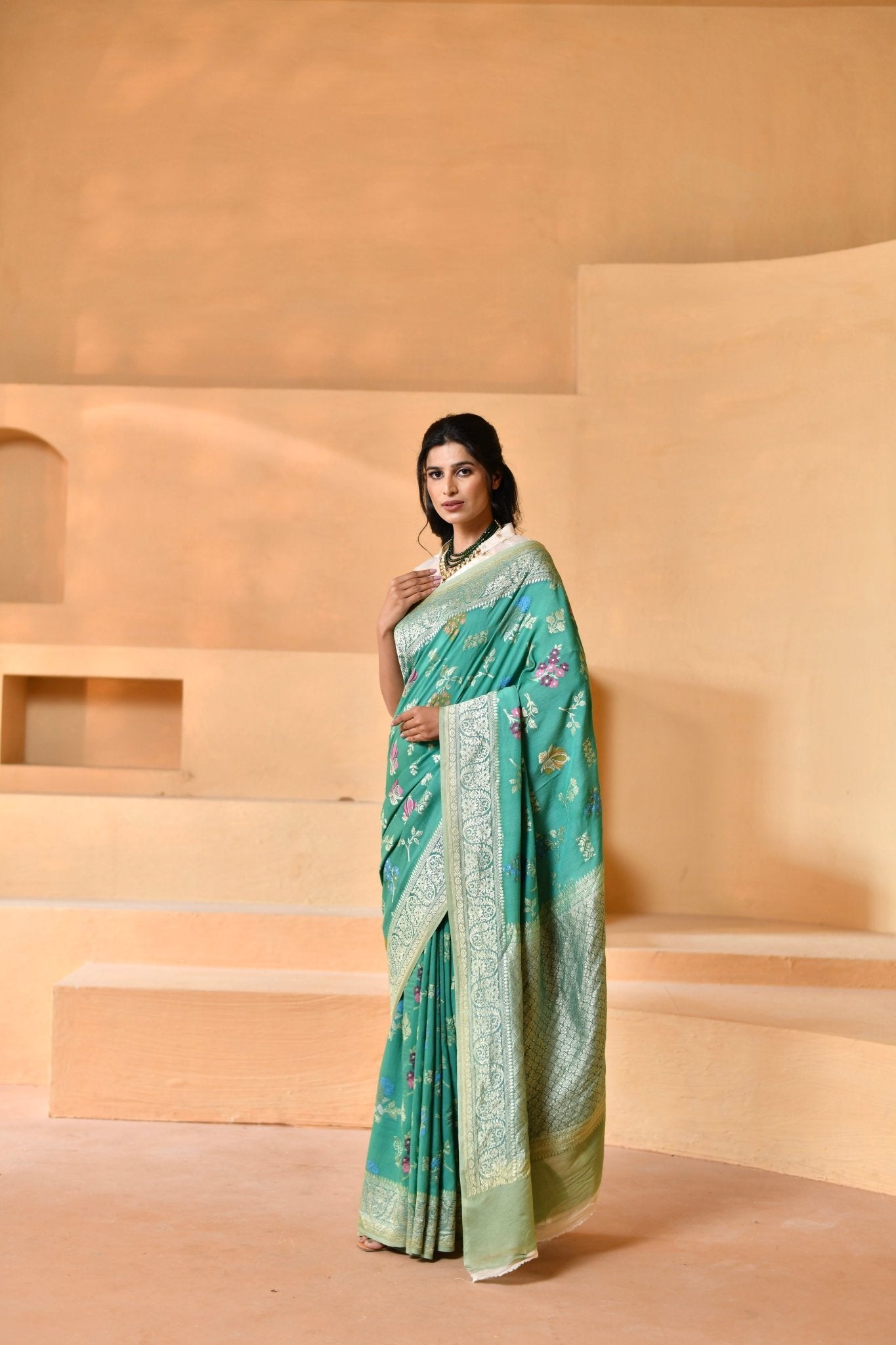 Pure Tussar Georgette in Teal - Green with Meenakari Threadwork - Banarasiya