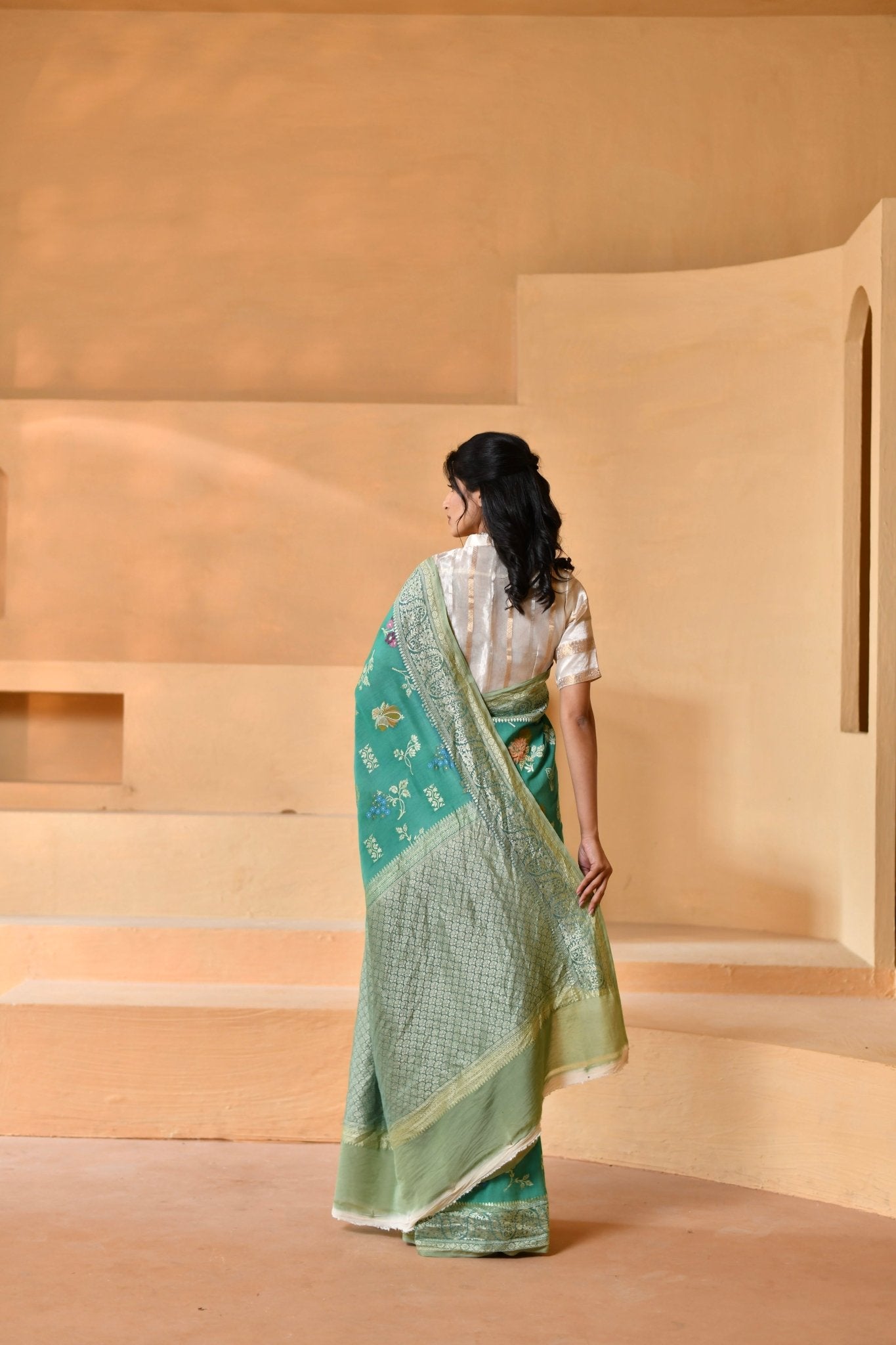 Pure Tussar Georgette in Teal - Green with Meenakari Threadwork - Banarasiya