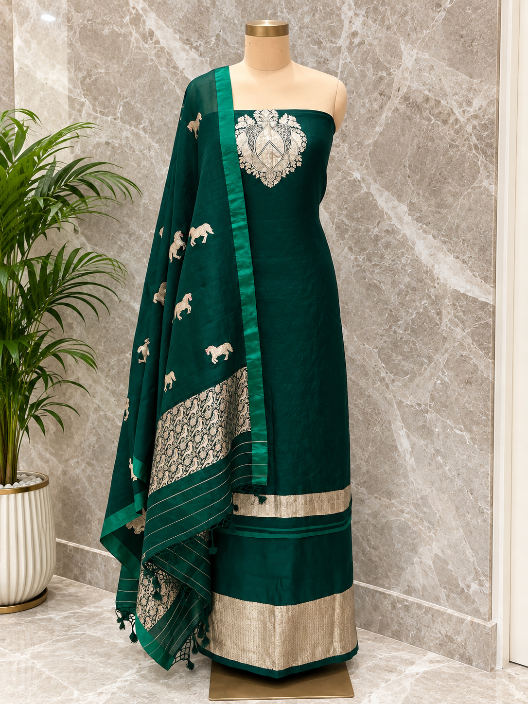 Pure Katan Silk Suit Set In Bottle Green