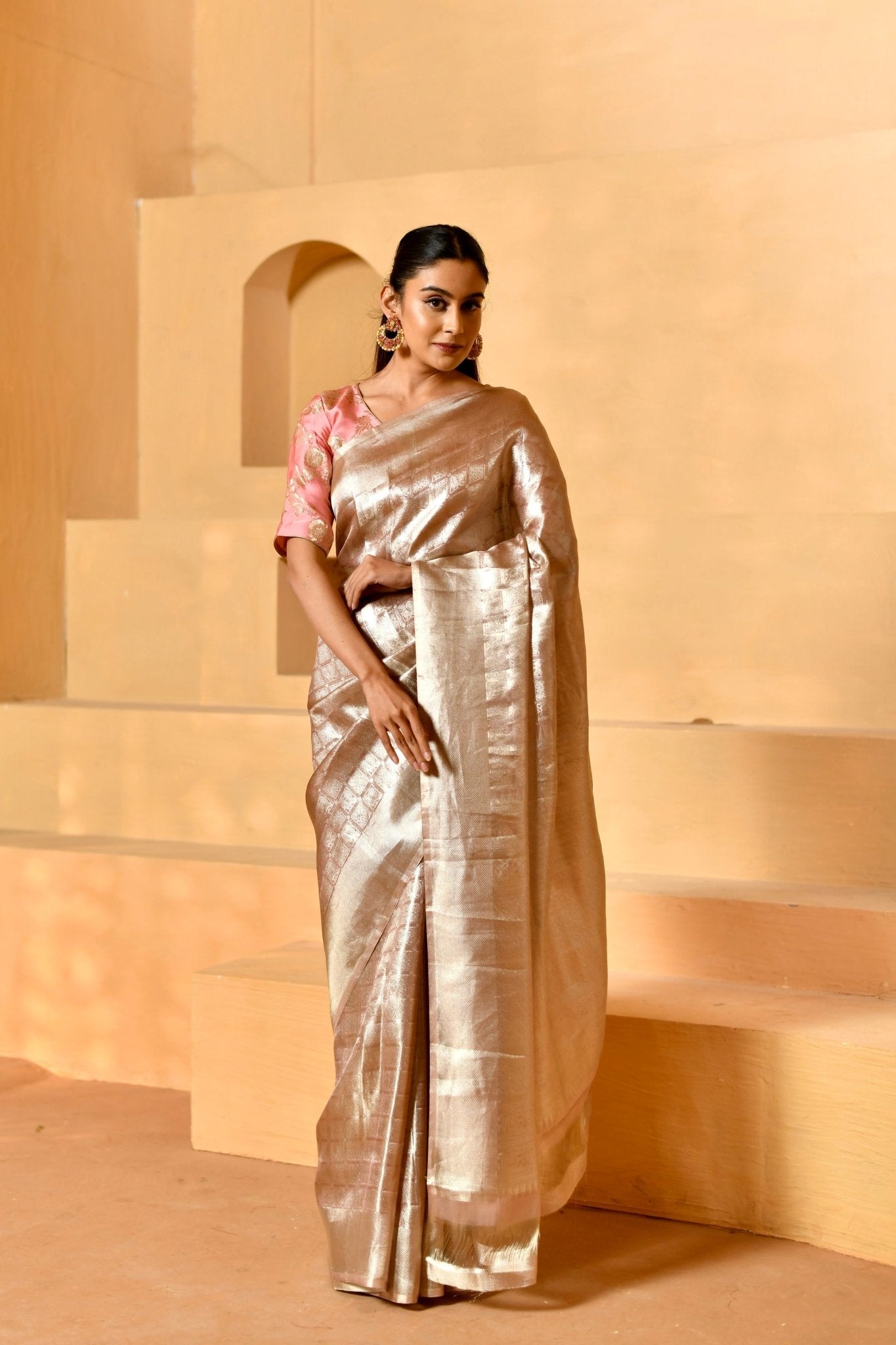 Shikargah Motifs on Soft Pink Tissue Silk Saree - Banarasiya