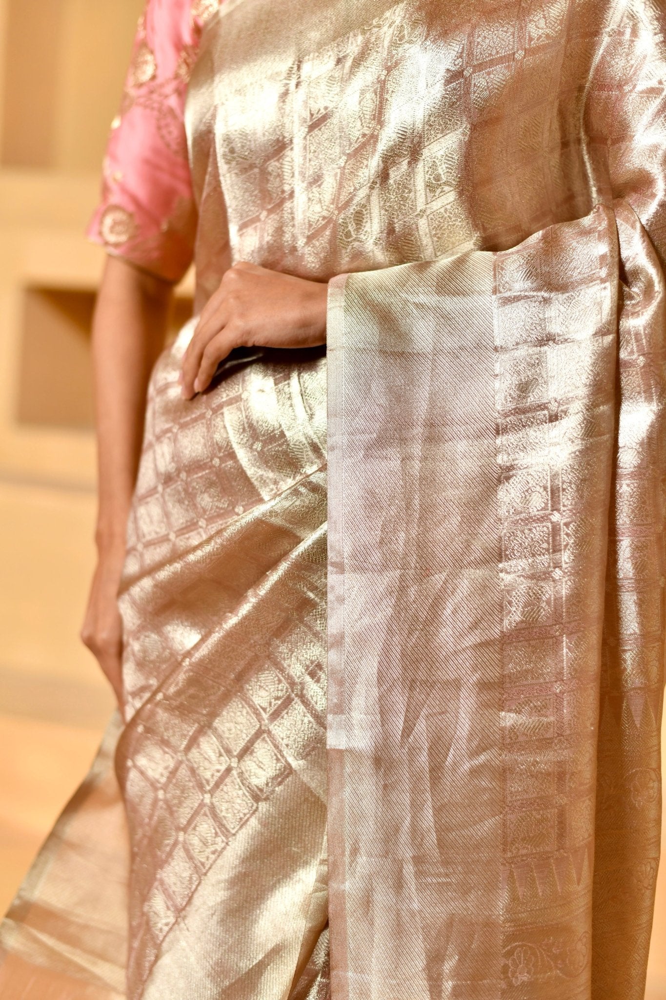Shikargah Motifs on Soft Pink Tissue Silk Saree - Banarasiya
