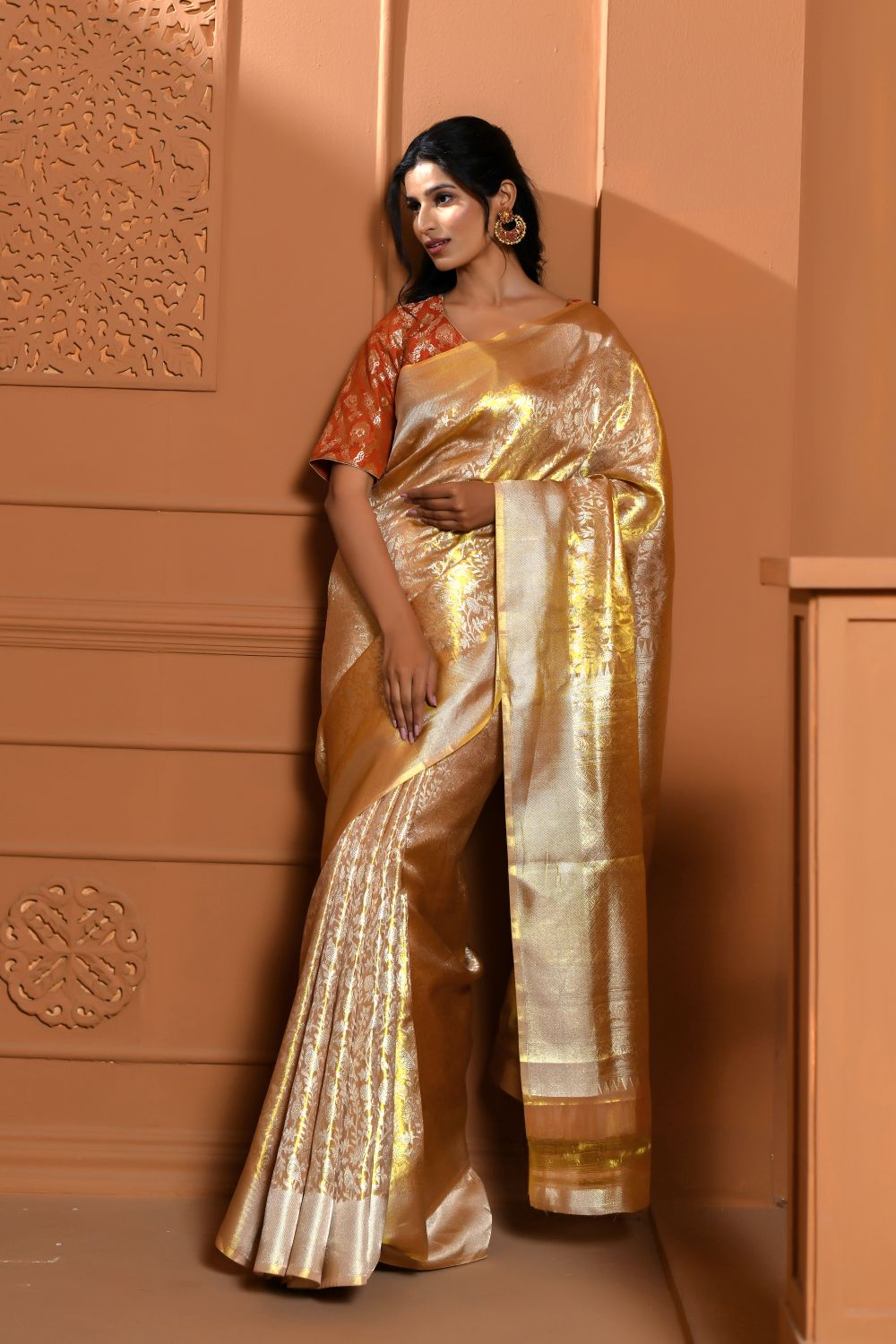 Soft Golden Yellow Tissue Silk Saree with Floral Jaal