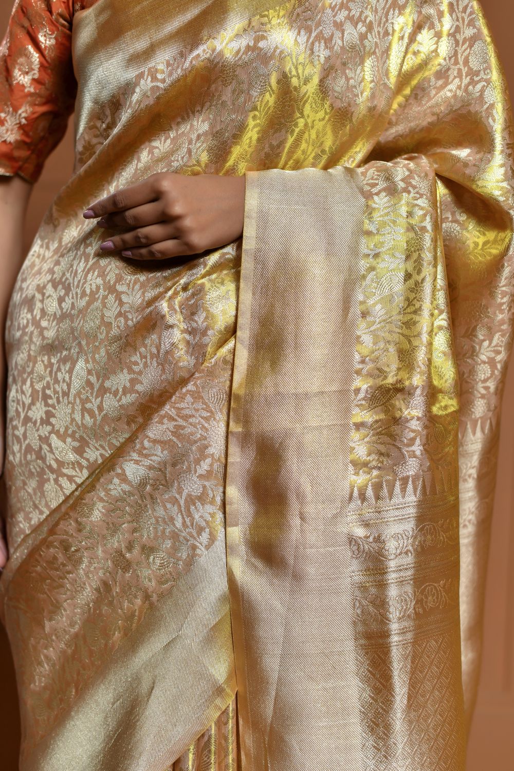 Soft Golden Yellow Tissue Silk Saree with Floral Jaal