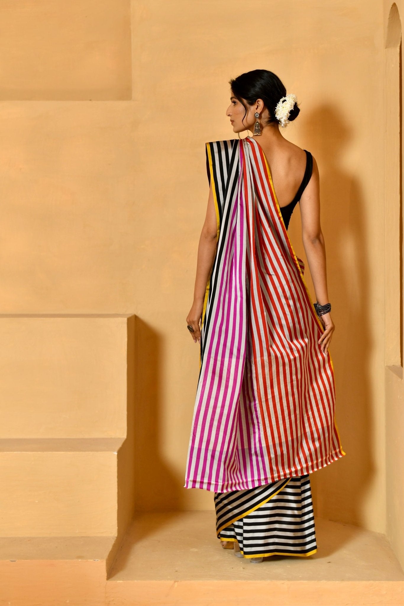 Striped Multi - Toned Katan Silk Saree - Banarasiya
