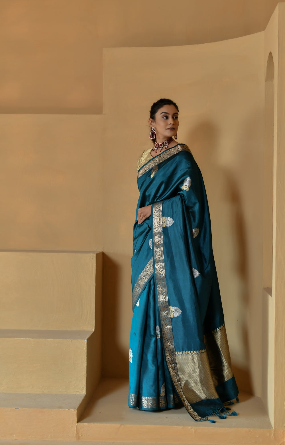 Deep Teal Blue Katan Silk with Sona Roopa Bootas-Banarasiya