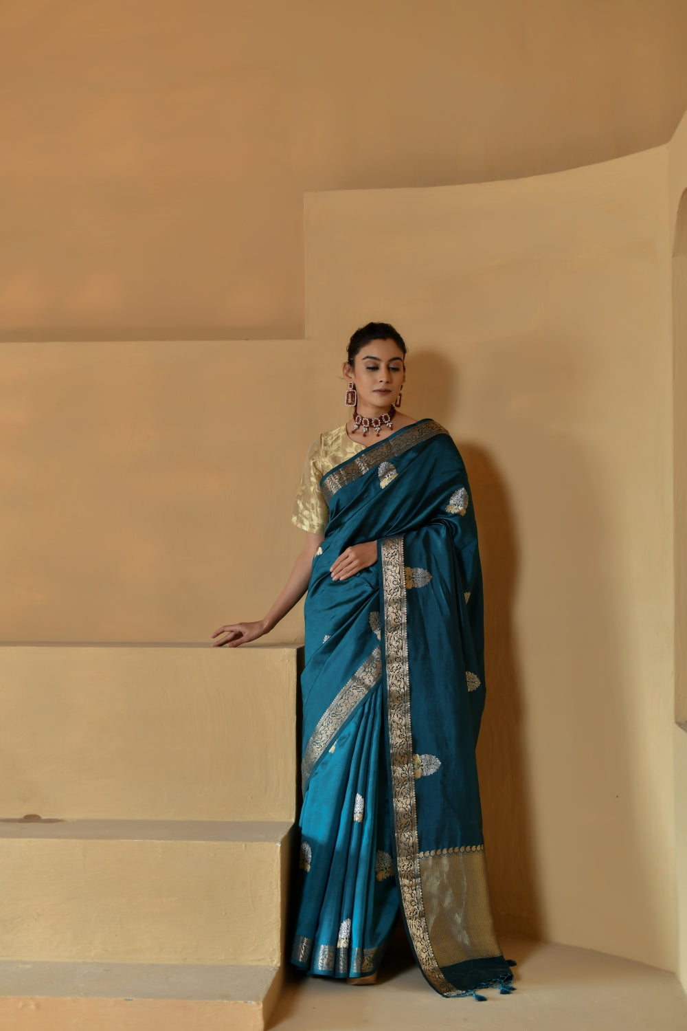 Deep Teal Blue Katan Silk with Sona Roopa Bootas-Banarasiya