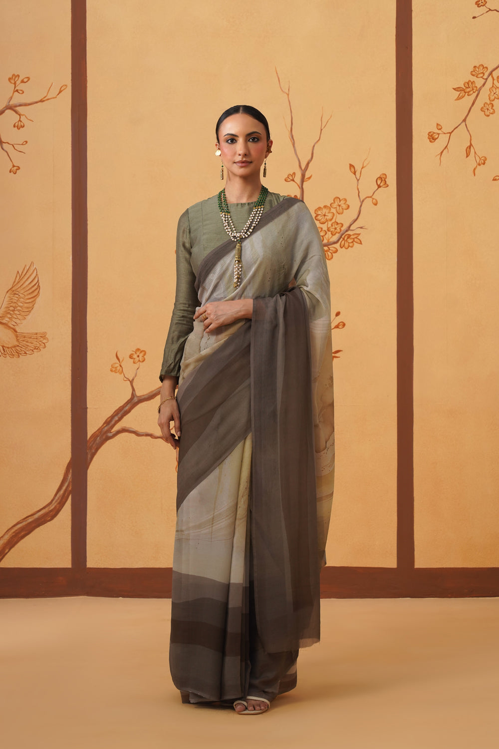 Earthbound Grace: Abstract Print Chiffon Saree
